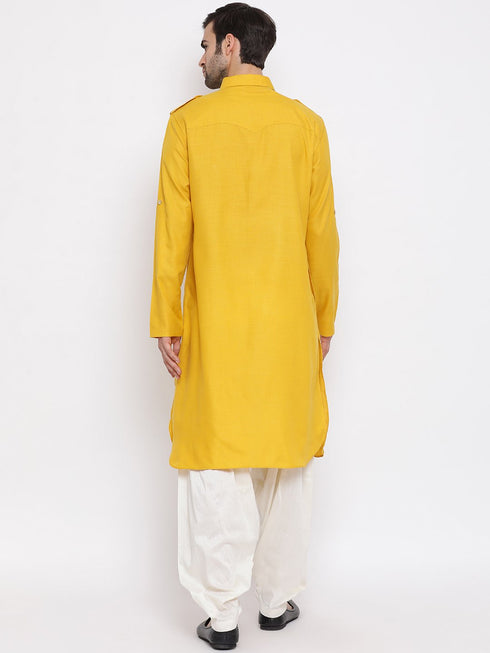 Men's Mustard Cotton Blend Pathani Suit Set